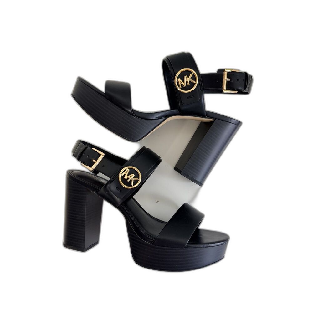 Michael Kors Odette Black Leather Platform Sandals Heels Gold Logo 9.5M